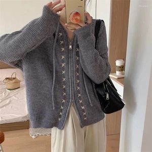 Malhas femininas mão de malha com capuz zíper cardigan camisola com ombro manga longa casaco outono e inverno solto macio cera malha