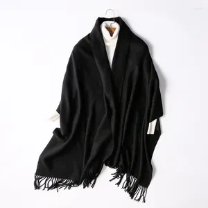 Lenços super macio outono e inverno espessado lenço de lã xale duplo uso preto mulheres sólidas keyhole borla elegante