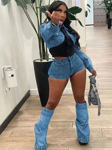 Women's Tracksuits Autumn Shorts Set Women Two Piece Streetwear Long Sleeve Top And Pants Sexy Outfits Stretchy Denim Jeans