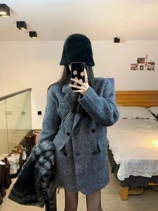 Women's Suits UNXX Grey Blazers Women Lapel Double Breasted Wool Jackets Winter Thickend Solid Casual Vintage Cardigans Autumn Female