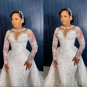 2023 Arabic Aso Ebi Mermaid Ivory Wedding Dress Sheer Neck Lace Long Sleeves Vintage Bridal Gowns Dresses