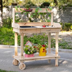 Camp Furniture Natural 36'' Wooden Potting Bench Work Table With 2 Removable Wheels Sink Drawer & Large Storage Spaces For Outdoor Backyard