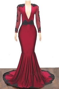 Vestidos de noite vermelho escuro vestido de baile festa formal sereia trompete com decote em v manga longa elástico cetim preto aplique novo personalizado sem costas zíper rendas até