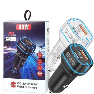 43W PD25W Fast Quick Charger QC3.0 PD USB C Car Chargers Smart Power Adapters For Ipad 2 3 4 Iphone 15 14 13 12 11 Samsung Tablet PC Android phone With Retail Box