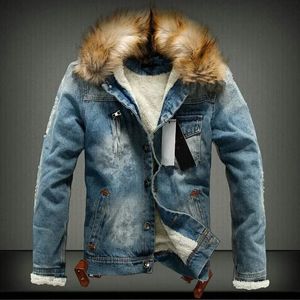 Men's Wool Blends Winter Mens Denim Jacket with Fur Collar Retro Ripped Fleece Jeans and Coat for Autumn S6XL 231202