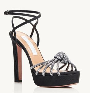 Fashionn verão luxo mulheres celeste sandálias sapatos aquazzuras saltos preto mulher cristal-embelezado toe tiras atadas senhora sapato de salto alto EU35-43 caixa original