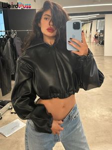 Kvinnor S Two Piece Pants Weird Puss Faux Leather Crop Jacket Women Hooded Autumn Hipster Långärmad Fall Trend Casual Wild Streetwear Zip Coat 231202