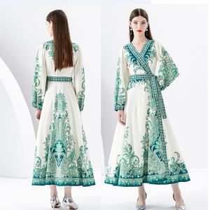 Lykta ärmfest Boho Maxi Dress Robe Paisley Floral Woman Designer V-Neck Vintage Side LACE UP BOW Semester Green Wrap Dresses 2023 Spring Fall Slim Runway Frocks