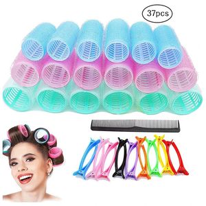 Rolos de cabelo 37pcs rolos de cabelo auto-aderentes conjunto tamanho jumbo rolos de cabelo sem calor diy salão cabeleireiro curling ferramenta de penteado com clipes pente 231202