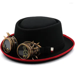 Berets mulheres homens óculos de engrenagem estilo punk torta de porco chapéu pai lã plana fedora para senhora cavalheiro jogador boater trilby