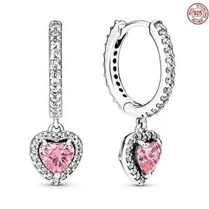 Hoopörhängen 925 Sterling Silver Shiny Pink Heart Shaped Fit Women's Wedding Presents Fashion High Quality Original Charm smycken