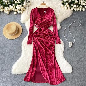 Casual Dresses Foamlina Women's Autumn and Winter Velvet Mermaid Dress Elegant V Neck Long Sleeve High midje Front Split Evening Party Party