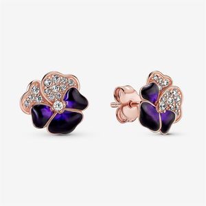 100% autentisk 925 Sterling Silver Deep Purple Pansy Flower Stud örhängen mode örhänge smycken tillbehör för kvinnor gåva318d