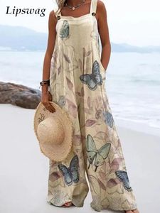 Kadın Tulumları Yük atanlar Yaz spagetti kayışları gevşek tulumlar boho vintage desen baskı geniş bacak playsuit kadınlar rahat cep plajı düz tulumlar 231202