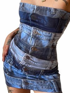 Urban Sexy Dresses Hugcitar Denim Jeans Print Tube Mini Dress for Women BodyCon Vintage Y2K Outfits Streetwear Club Fashion Clothing 231202