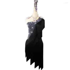 Stage Wear Rhinestones Latin Dance Dress For Women Black Fringe Latina Womens Ballroom Competition Dresses Customize Aldult Children's