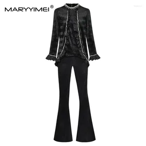 Kvinnors tvåbitar byxor Maryyimei Fashion Designer Spring Black Suit Women Stand Collar Beading Long Sleeve Top Flare 2 Pieces Set