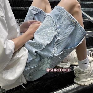 Herr shorts sommar jean män baggy cashew blommor vintage lapptäcke mode casual denim harajuku streetwear svart 2023