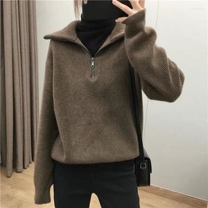 Women's Sweaters Sweater Zip-up Half-neck Pullover Warm High Quality Korea Turn Down Collar Long Sleeve Winter Knitted