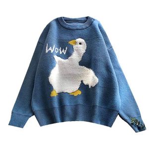 Kvinnors tröjor Cartoon Duck Print stickad tröja Kvinnor Söt Löst koreansk mode Casual O Neck Lång ärm Pullover Jumper Kvinna Pull 231202