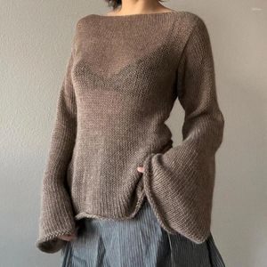 Damenpullover Pullover für Frauen rückenfrei ausgestellte Ärmel lose gestrickt 2023 Herbst Winter einfarbig schwarzer Pullover