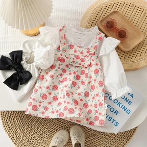 Set di abbigliamento Camicia a maniche corte con colletto per bambola per bambini Bretelle con stampa floreale Abito 2 pezzi Set di vestiti per ragazze per bambini