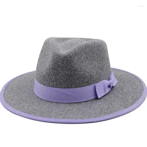 Berets cinza mulheres homens lã fedora chapéu com fita de arco cavalheiro elegante senhora inverno outono aba larga jazz panamá sombrero boné