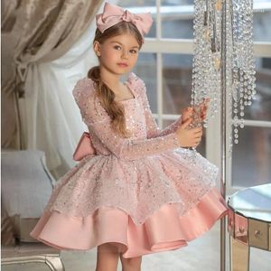 Girl Dresses Elegant Flower For Wedding Puffy Ruffles Ivory/Pink Sequin Full Sleeves With Big Bow Birthday Princess Ball Gowns