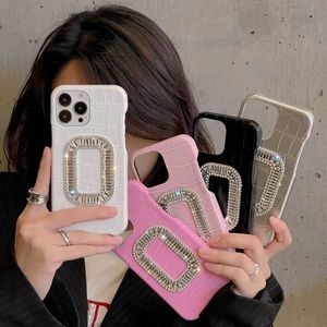 Designer Leather Alligator Solid Color Rhinestone Square Telefonfodral iPhone 15 14Pro 14Plus 13 12 Mini 11 Pro X Xs Max XR Luxury Phone Case