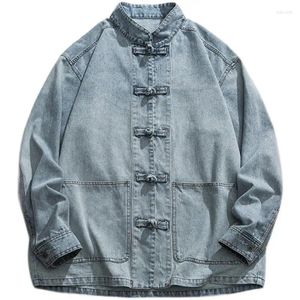 Jaquetas masculinas estilo chinês retro ferramental denim jaqueta solta casual high street multi-bolso workwear homens tops roupas masculinas