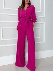 Women's Two Piece Pants 2024 Spring Office Trouser Suits For Women Wide Leg Lantern Sleeve Shirts Set Belt Outfits Tracksuits