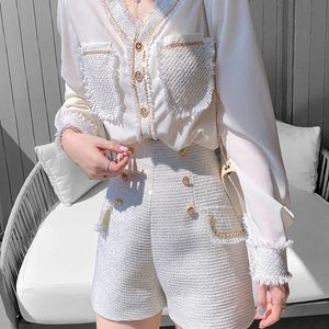 Zweiteiliges Kleid, koreanischer Chic, Vintage-Tweed, 2-teiliges Set, Damen-Outfits, Langarm, Chiffon, Tweed-Hemd, Top, Shorts, Sets, modische zweiteilige Hosenanzüge 231202