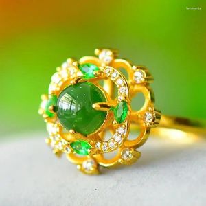 Kluster ringer kvinnor grön jade blomma ring gul koppar zirkon hetian jades nephrite roterande justerbar anillos mujer