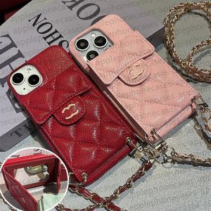 iPhone Case Tasarımcı İPhone 15 Pro Maks Kılıfları için Telefon Kılıfı Apple iPhone 14 Pro MAX 13 Promax Kılıf Kartı Sahibi Marka Havyar Deri Crossbody Makyaj Ayna Mobil Kapak