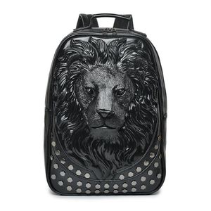 Men Backpack Leather Soft 3D Embossed Lion Head Studded Rivet Gother Travel punk rock Backpack Laptop School Halloween Bag2570