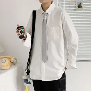 Camisas casuais masculinas minimalista chique oversize homens cor sólida branco camisa básica manga comprida botão até mulher solta blusa túnica com terno gravata