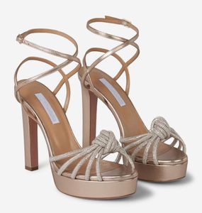 Summer Top Luxury Women's Celeste Sandals Shoes Aquazzuras Heels Black Woman Crystal-embellished Toe Straps Knotted Lady High Heel Shoe EU35-43 Original Box