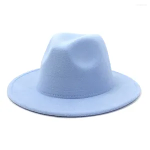 Berets 2023 chegada simples céu azul lã feltro fedora chapéu para mulheres cor sólida panamá jogo branco jazz boné fedoras