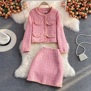 Duas peças vestido blazer mini saias ternos mulheres xadrez curto conjunto de duas peças outono rosa branco magro tweed jaqueta meia saia feminina conjuntos de duas peças 231202