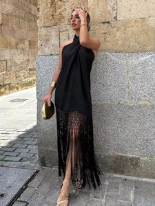 Casual Dresses Jastie Black Elegant Cross Halter Neck Ladies Dress 2023 Sexig ärmlös backless Long Summer Fashion Tassel Women