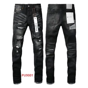 Jeans skinny con ricamo lettera alla moda, jeans viola, jeans alla moda invecchiati, jeans firmati strappati