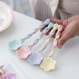 Cucchiai Cucchiaio da zuppa in ceramica Kawaii Manico lungo Resistente al calore Dipinto a mano Simpatico caffè che agita Accessori per la tavola da cucina INS