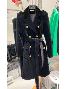 Overcoat Women's Double Breasted Plaid Belted Velvet Long Coat