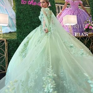 Sage Green 3D Flowers Floral Appliques Lace Quinceanera Dresses Ball Gown Off The Shoulder Corset Vestidos De XV 15 Anos