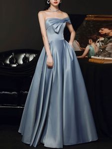 Vintage Long Dusty Blue Satin Prom Dresses With Pockets A-Line One Shoulder Floor Length Pleated Party Dress Maxi Formal Evening Dresses With Bow for Women