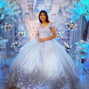 Sky Blue Glitter Crystal Applique Lace Sequined Ball Gown Quinceanera Dresses Off the Shoulder Beading Corset Vestidos de 15 Anos