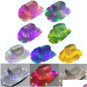 Party Hats Nowe kosmiczne kapelusz LED Flashing Light Up cekina kowboja świetliste czapki halloweenowe kostium hurtowy 0730 DOSTALNIE DOSTAWA DOM BJ