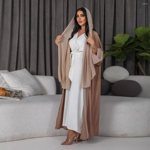 エスニック衣類のフロントオープンアバヤ女性のための簡単なファッションソリッドパッチワークアラブドバイモロッコモロッコの着物コルバンEidイスラムアウトサイダーローブアバヤ