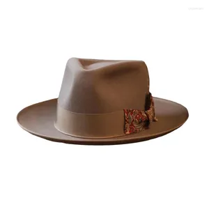 Berets 2023 Fashion Pure Wool Top Hat Feather Floral Cloth Bow Decoration Retro Jazz Felt Chapeau Homme Concave-convex