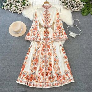 Basic Casual Dresses High Quality Spring Fashion Runway Maxi Dress Women Flare Long Sleeve High Waist Hollow Out Hem Belt Print Party Vestidos 2024